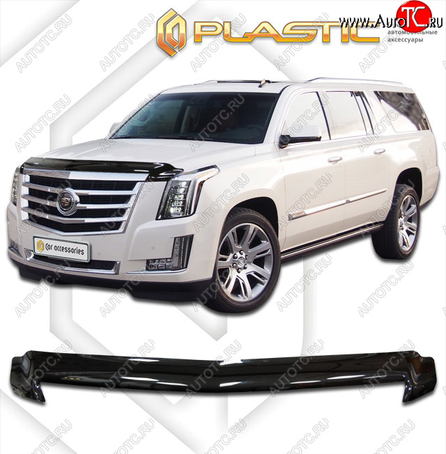 2 279 р. Дефлектор капота CA-Plastic  Cadillac Escalade  GMTK2 джип 5 дв. (2015-2020) короткая база (Classic прозрачный, с надписью)  с доставкой в г. Йошкар-Ола