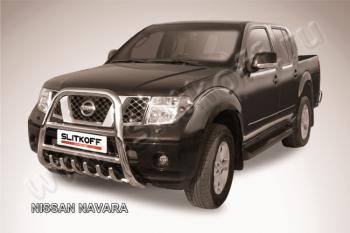 Защита переднего бампера кенгурятник d76 высокий с защитой картера Slitkoff Nissan Navara 2 D40 дорестайлинг (2004-2010) ()