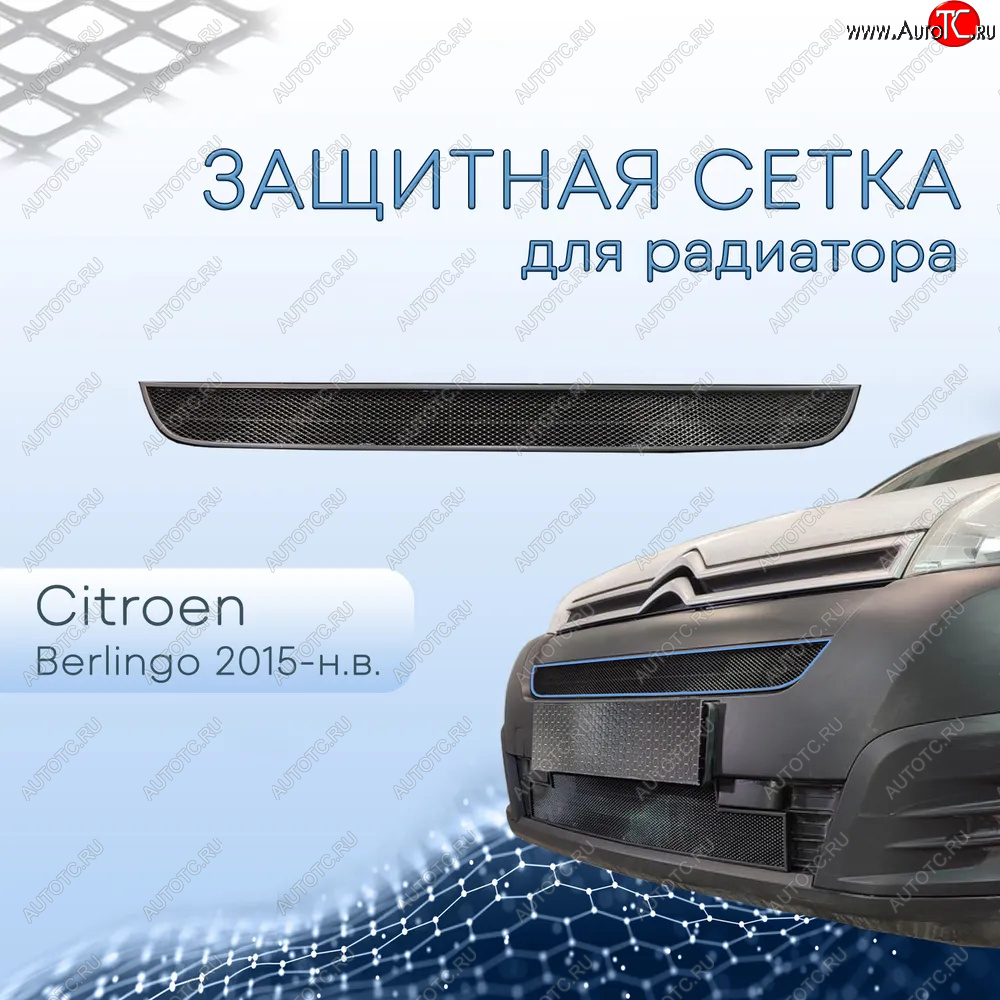 2 899 р. Защитная сетка в бампер (верх, ячейка 3х7 мм) Alfeco Стандарт  CITROEN Berlingo  B9 (2015-2022) рестайлинг (Чёрная)  с доставкой в г. Йошкар-Ола