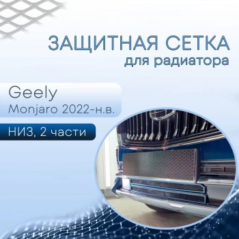 Защитная сетка в бампер (низ, 2 части, ячейка 3х7 мм) Alfeco Стандарт Geely (Джили) Monjaro (Монжаро) (2022-2025)