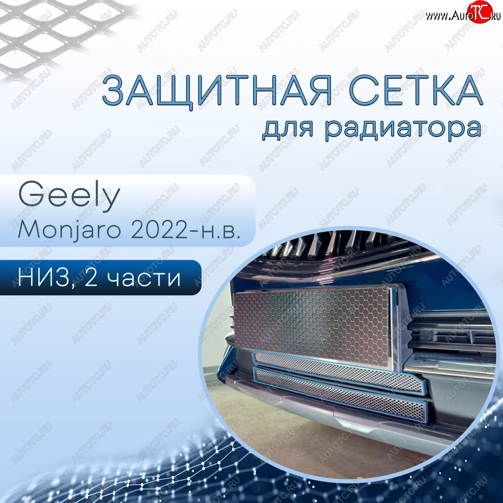 4 599 р. Защитная сетка в бампер (низ, 2 части, ячейка 3х7 мм) Alfeco Стандарт  Geely Monjaro (2022-2025) (Хром)  с доставкой в г. Йошкар-Ола