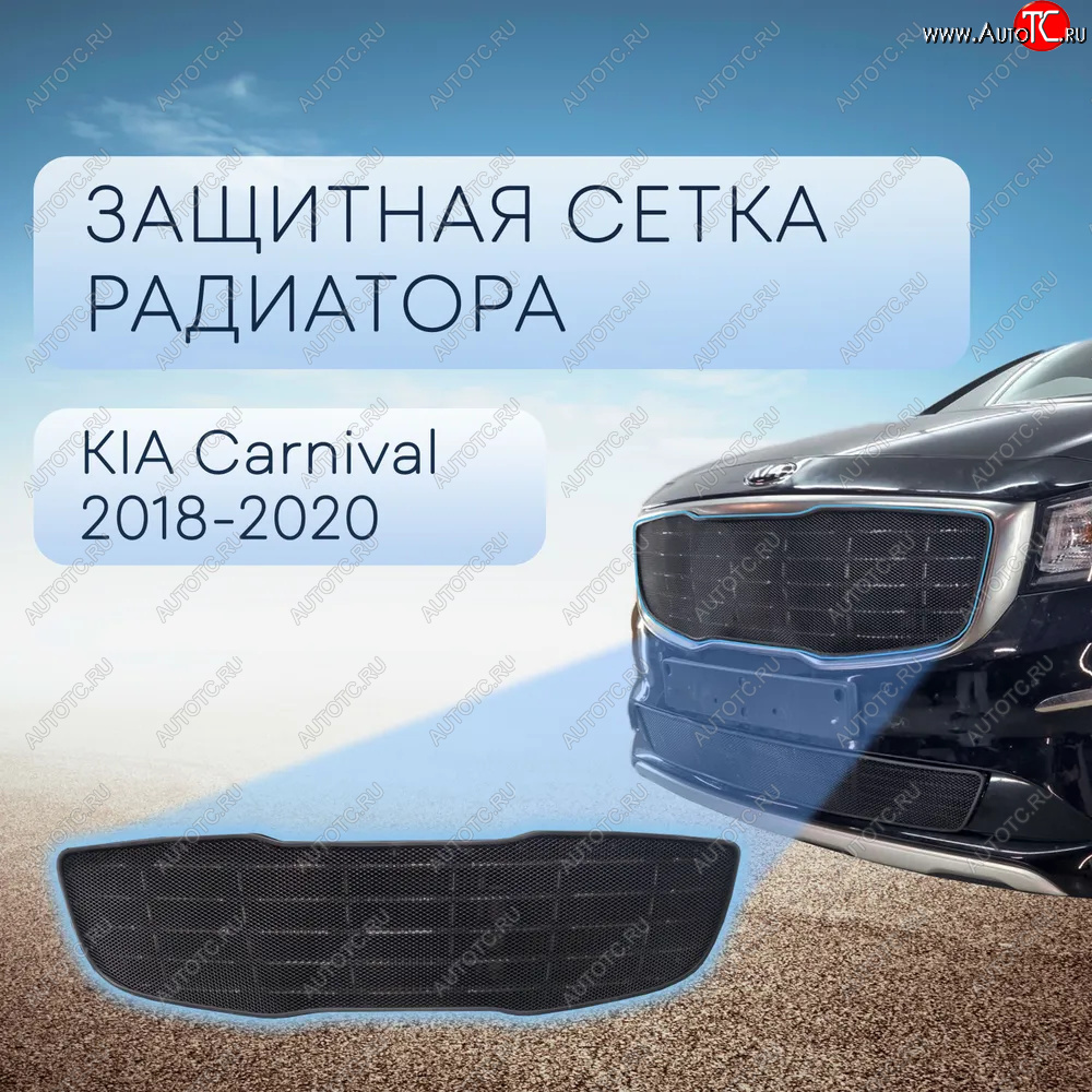 5 299 р. Защитная сетка в бампер (верх, ячейка 3х7 мм) Alfeco Стандарт  KIA Carnival  YP (2018-2020) минивэн рестайлинг (Чёрная)  с доставкой в г. Йошкар-Ола