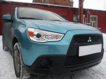 799 р. Зимняя заглушка решетки радиатора (верх, 2 части) Стрелка11 Mitsubishi ASX дорестайлинг (2010-2012) (черная)  с доставкой в г. Йошкар-Ола. Увеличить фотографию 2