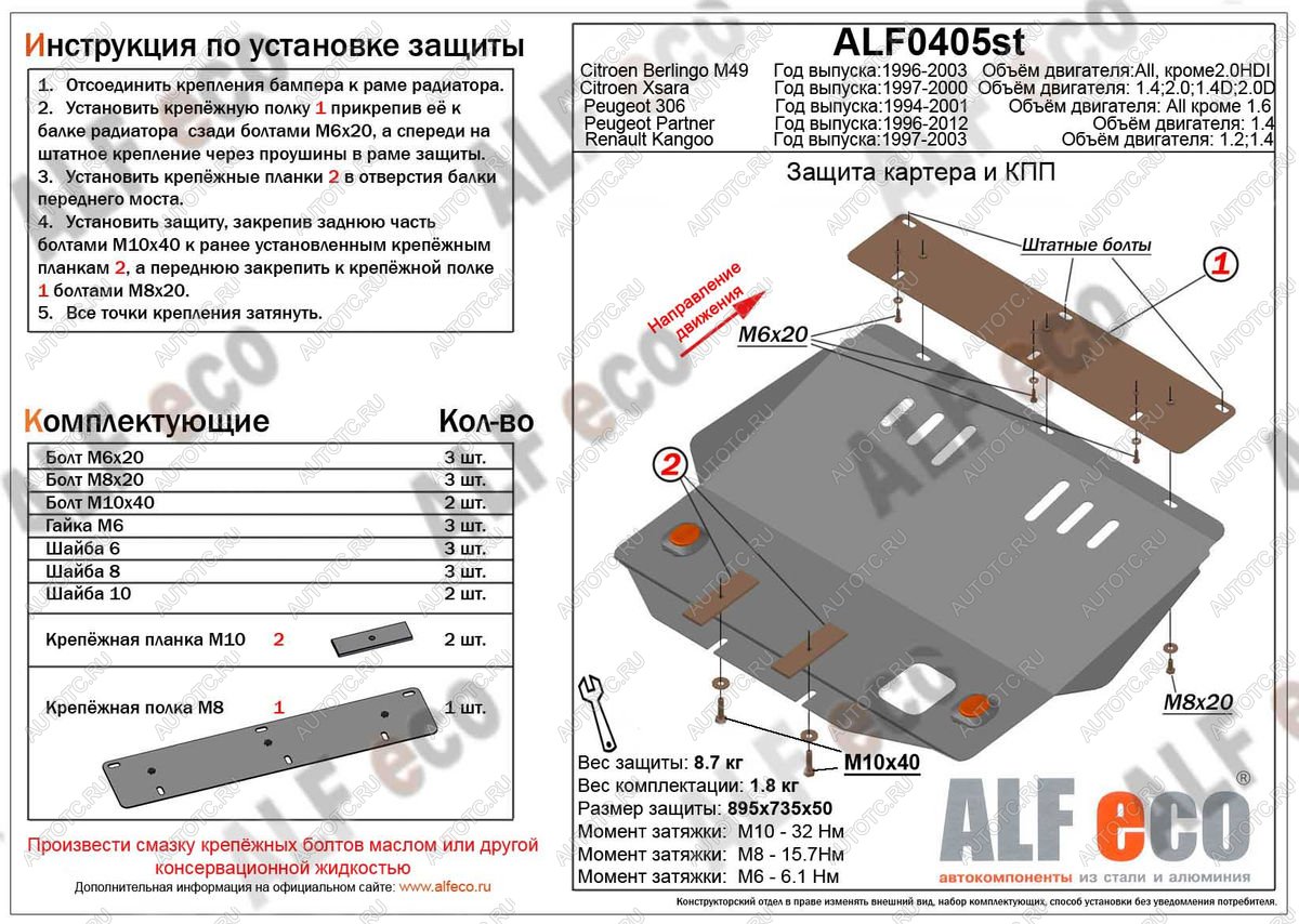 13 749 р. Защита топливного бака (V-1.4) ALFECO  Peugeot Partner Origin  минивэн (1996-2012) (алюминий 4 мм)  с доставкой в г. Йошкар-Ола