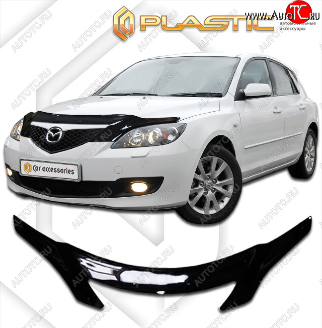 2 599 р. Дефлектор капота (exclusive) CA-Plastic  Mazda 3/Axela  BK (2003-2009) дорестайлинг, хэтчбэк, рестайлинг, хэтчбэк (Classic чёрный, Без надписи)  с доставкой в г. Йошкар-Ола