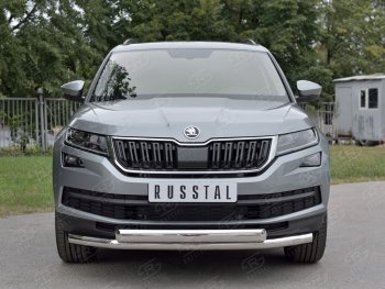 Защита переднего бампера (2 трубы Ø63 и 75х42 мм, нержавейка) Russtal Skoda Kodiaq NU7 дорестайлинг (2017-2021)