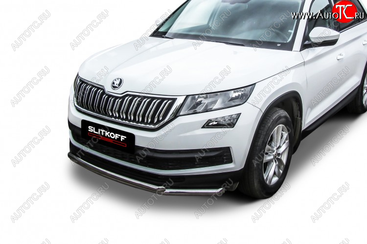 14 999 р. Защита переднего бампера Slitkoff (Ø 57+Ø 42, двойная).  Skoda Kodiaq  NU7 (2017-2021) дорестайлинг (Нержавеющая сталь)  с доставкой в г. Йошкар-Ола