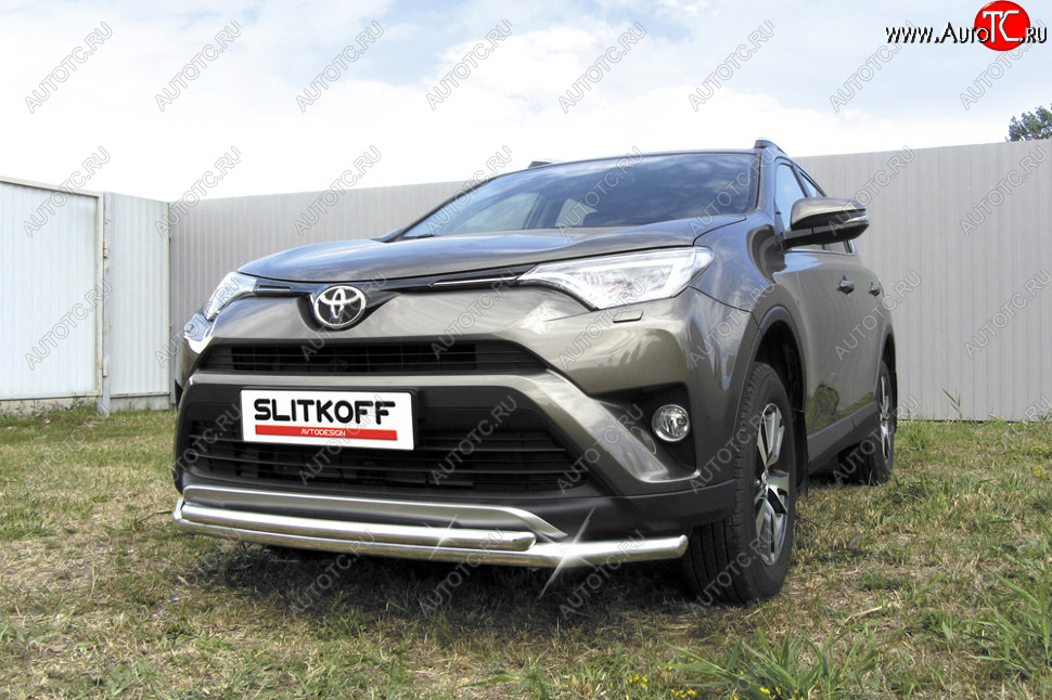 14 999 р. Защита переднего бампера Slitkoff (Ø57 и 42 мм) Toyota RAV4 XA40 5 дв. рестайлинг (2015-2019) (Нержавейка полированная)  с доставкой в г. Йошкар-Ола