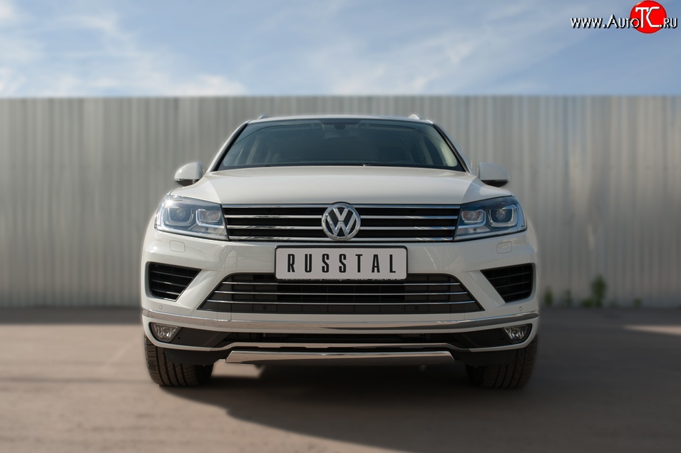 15 649 р. Защита переднего бампера (Ø75х42 мм, нержавейка) Russtal Volkswagen Touareg NF рестайлинг (2014-2018)  с доставкой в г. Йошкар-Ола