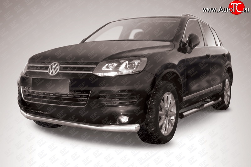 15 299 р. Одинарная защита переднего бампера диаметром 76 мм Slitkoff  Volkswagen Touareg  NF (2010-2014) дорестайлинг (Цвет: нержавеющая полированная сталь)  с доставкой в г. Йошкар-Ола